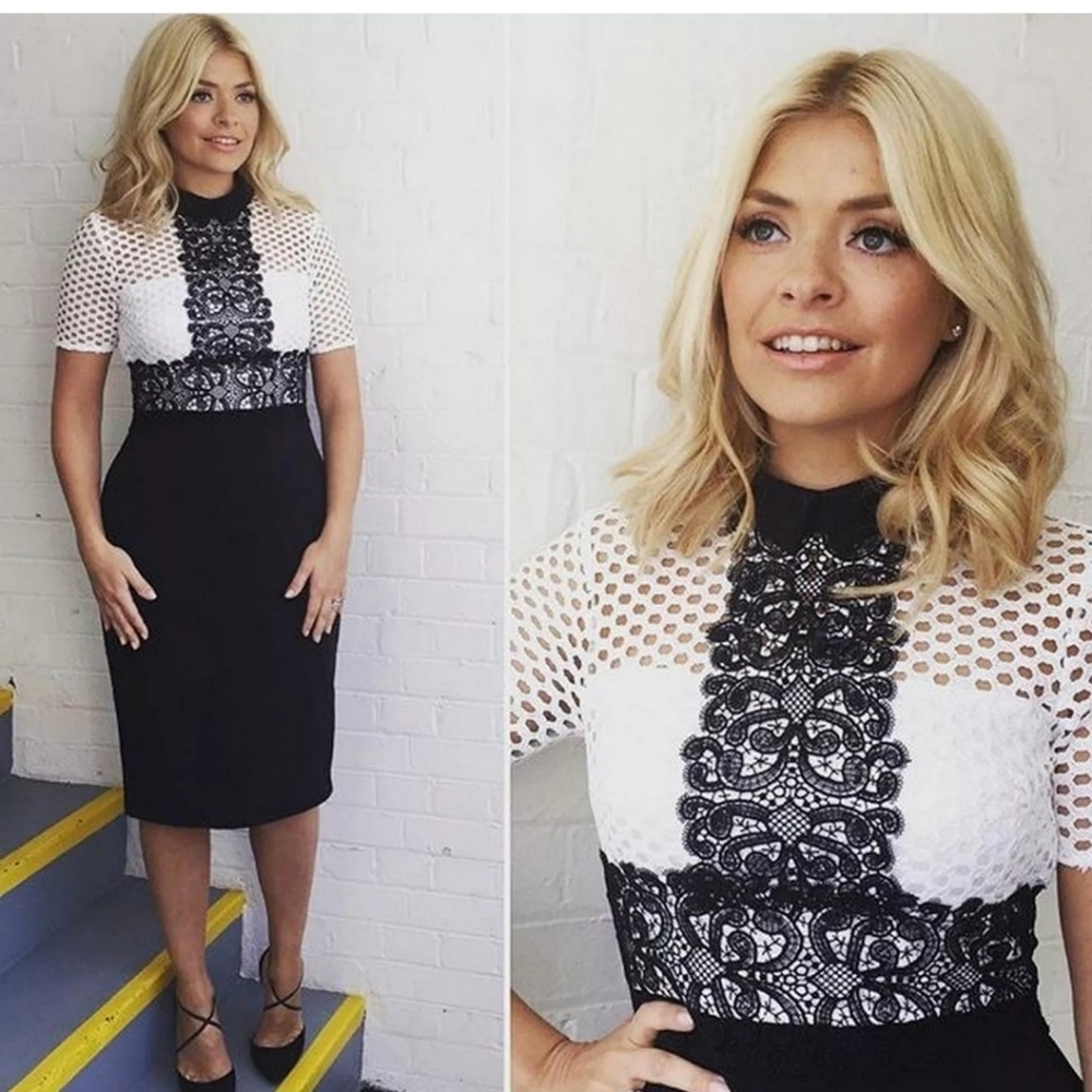 Zara Black White Tube Midi Pencil Dress Lace Top Short Sleeve Size M